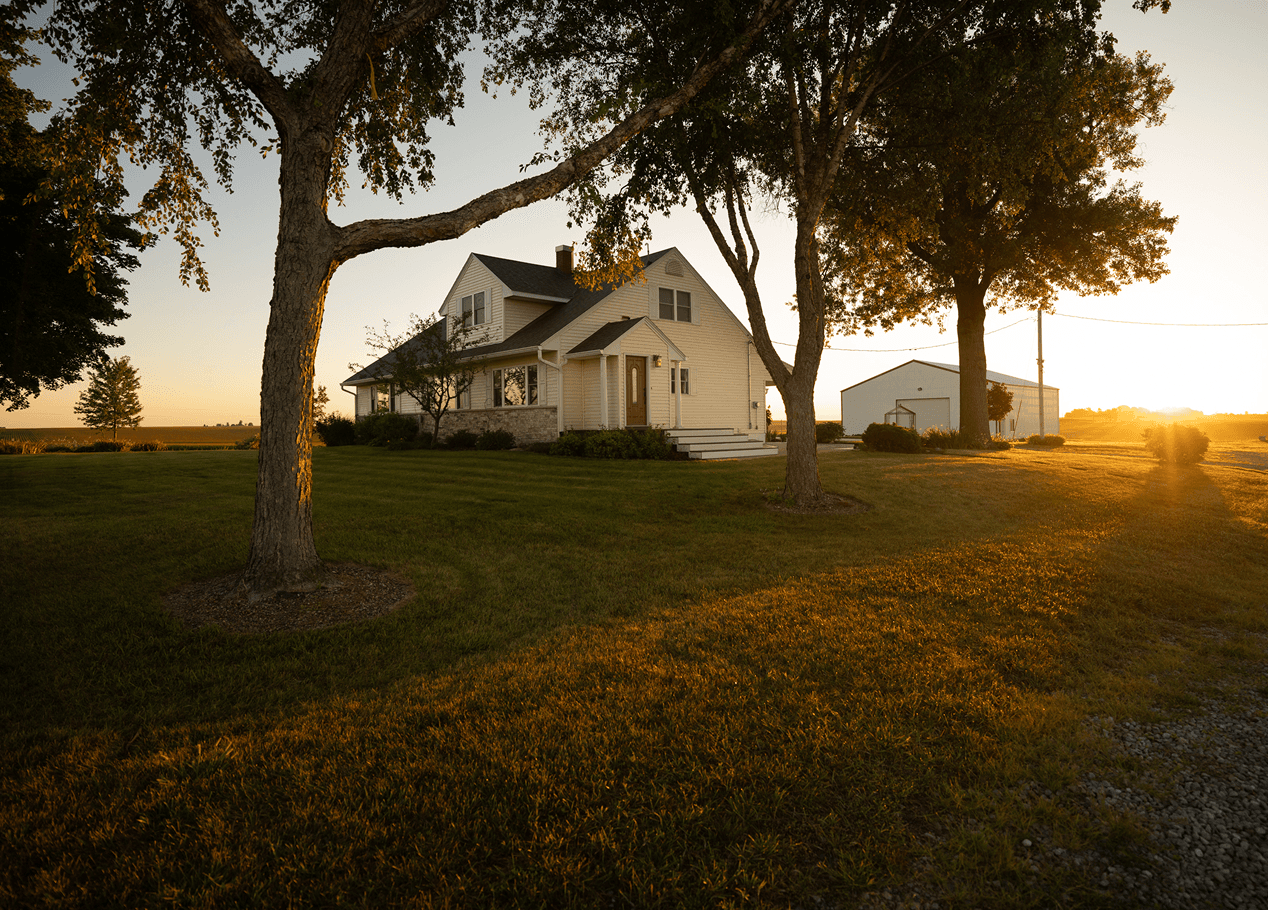 house peaking through some trees at sunset